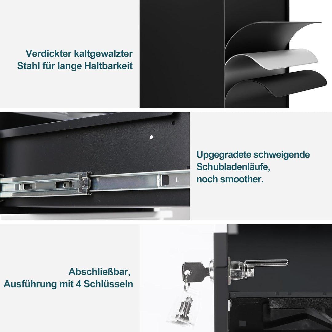 LVSTEEL Rollcontainer mit Schubladen, Mobiler Aktenschrank unter Schreibtisch, Abschliessbarer Büros
