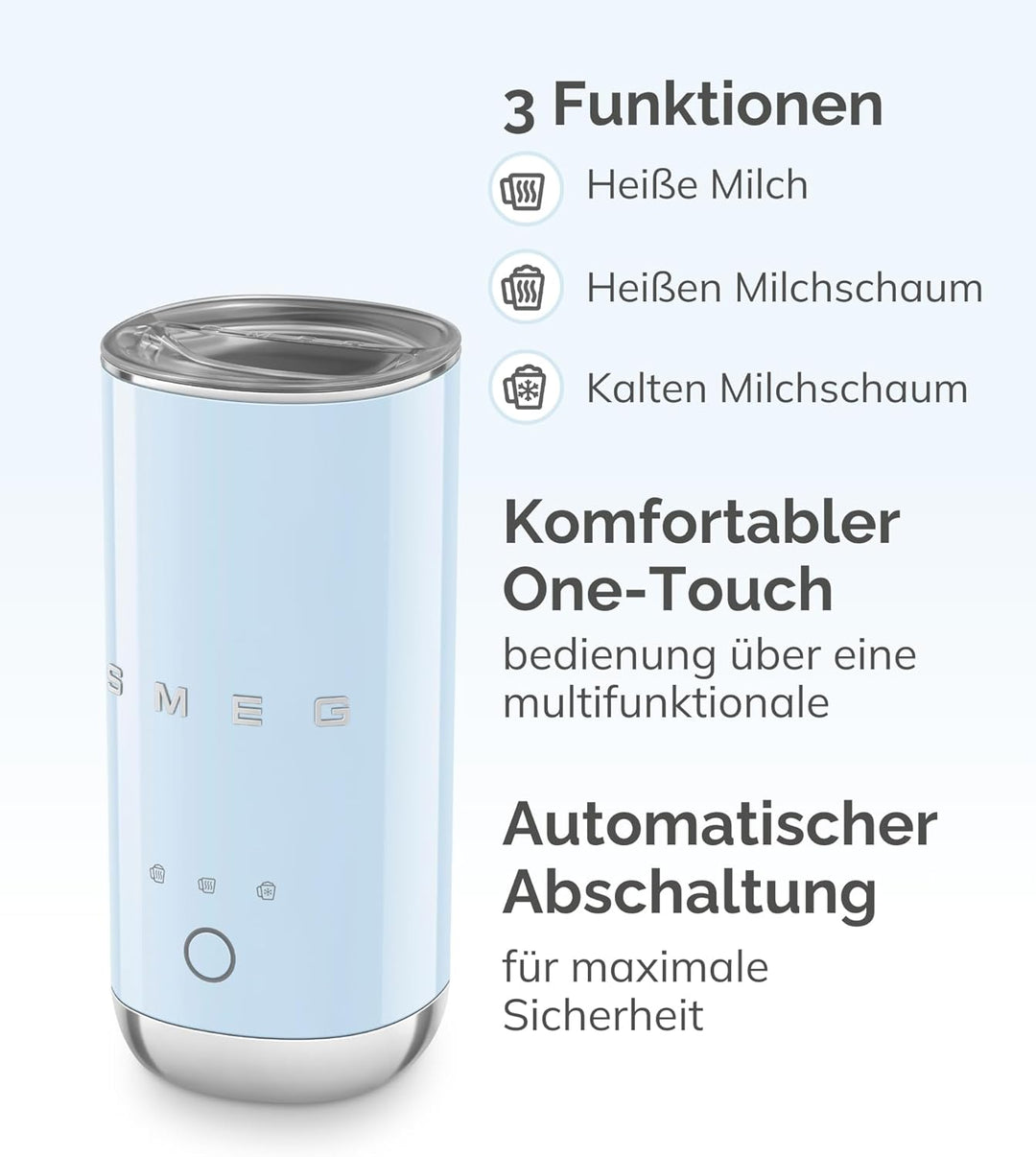 Smeg, MFF02RDEU Elektrischer Milchaufschäumer, 3 Getränkefunktionen, abnehmbarer Schneebesen, Antiha