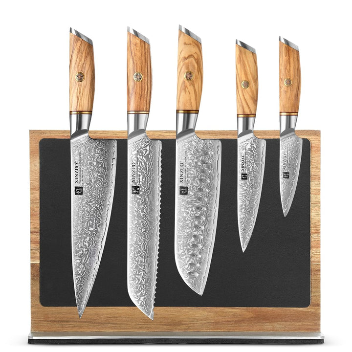 XINZUO 73 Schichten Damastpulverstahl 5-Teilig Chefmesser Set -Olivenholz Griff mit Magnetisch Messe
