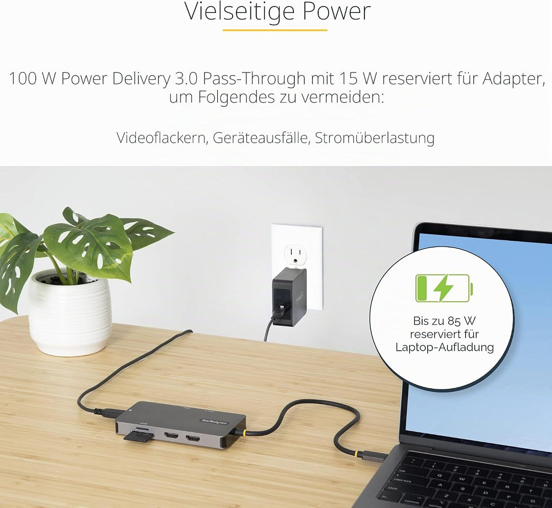 StarTech.com USB C Multiport Adapter, USB C auf Dual HDMI Video, 4K 60Hz, 5Gbit/s USB-A Hub, 100W PD