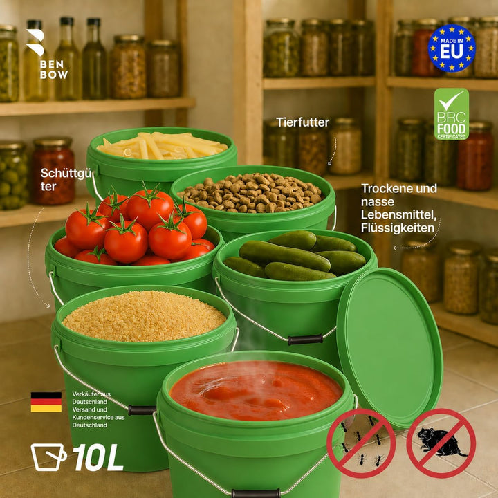 BenBow Eimer mit Deckel 10l grün 100x 10 Liter - lebensmittelecht, stabil, luftdicht, auslaufsicher,