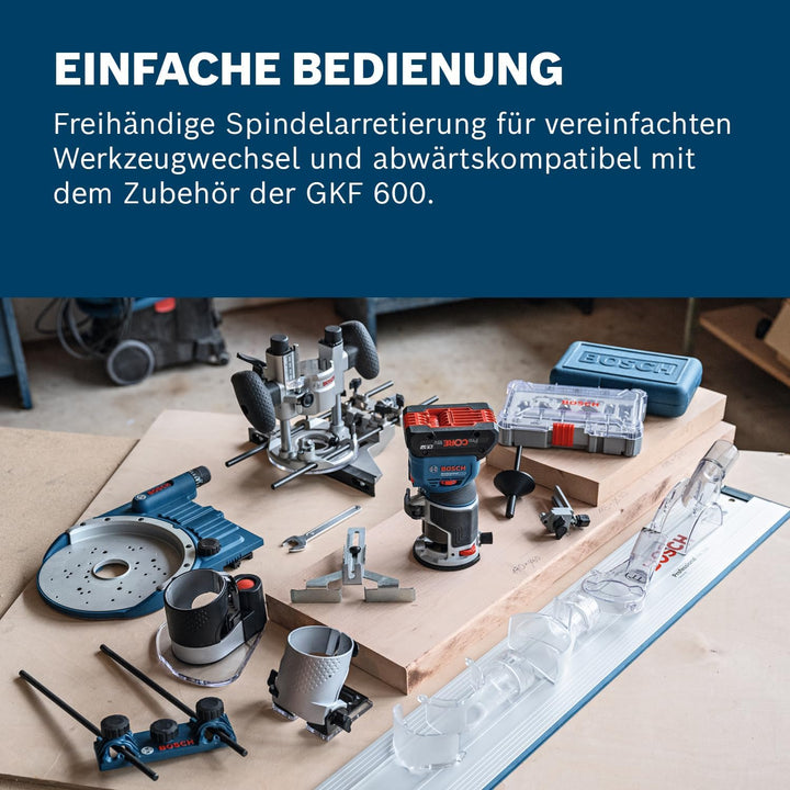 Bosch Professional 18V System Akku-Kantenfräse GKF 18V-8 (Parallelanschl., 2x Saugadapter Fr., Spans