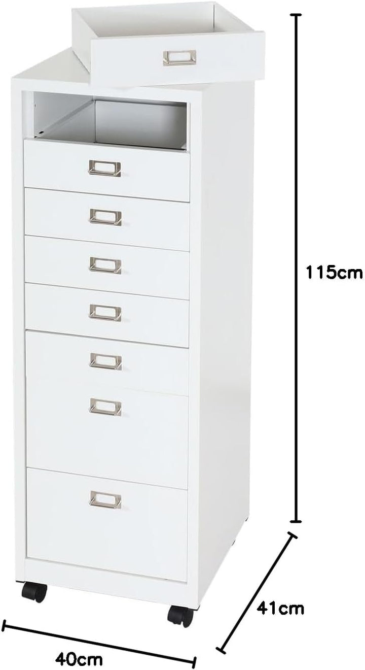 PROREGAL Rollcontainer, HxBxT 115x40x41 cm, Metall 8 Schubladen, Weiss, Schubladenschrank Stahlschra