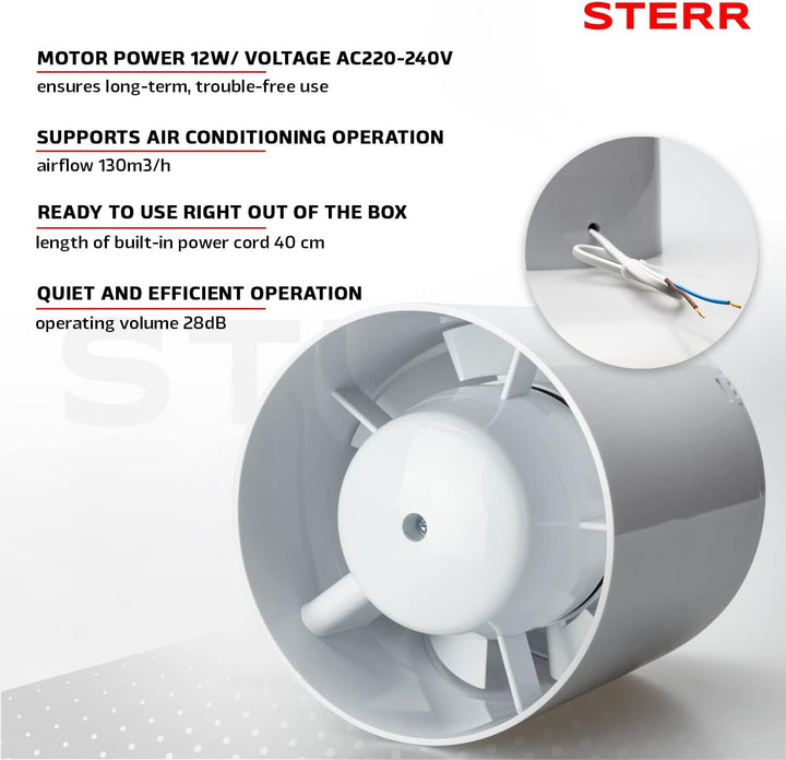 STERR IDM100S Schlanker Rohrventilator 100 mm - Rohrlüfter - Hohe Qualität - Leise - Für Bad WC - Kü