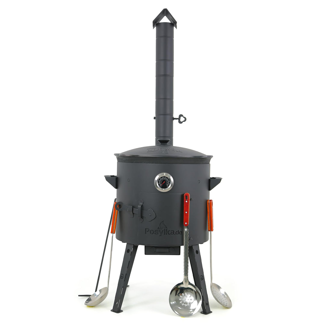 Utschak Uchag Feuerofen Ø 40 cm 2 mm Stahl mit Usbekische Kazan 12 L flacher Boden Schaumlöffel und