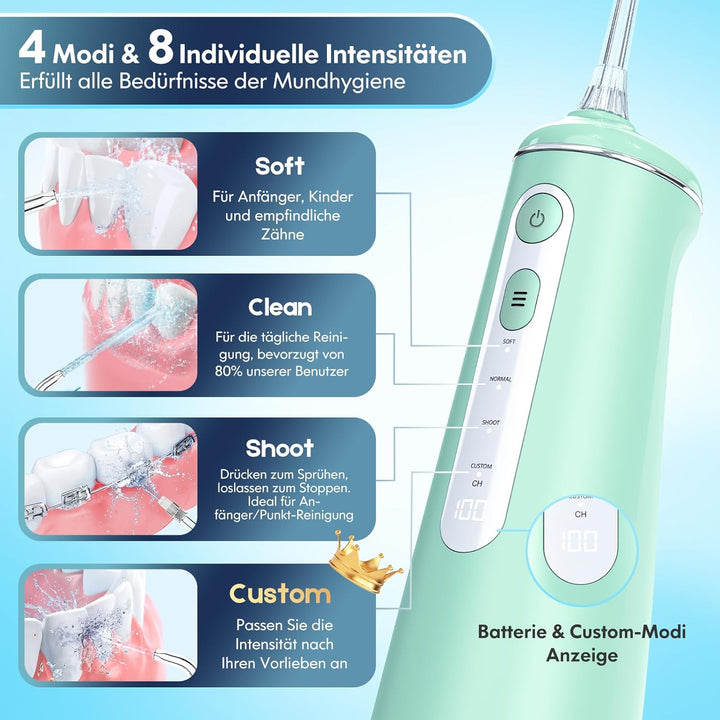Munddusche Kabellos, Water Flosser for Teeth Mit 4 Modi &amp; 8 Anpassbaren Stufen 7 Düsen 300ML Tank Mu
