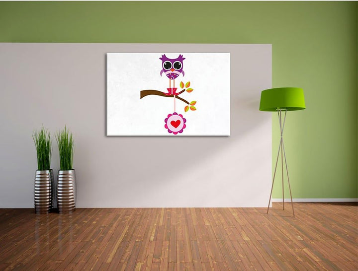 Pixxprint Süsse Eule auf AST mit Anhänger als Leinwandbild/Grösse: 100x70 cm/Wandbild/Kunstdruck/fer