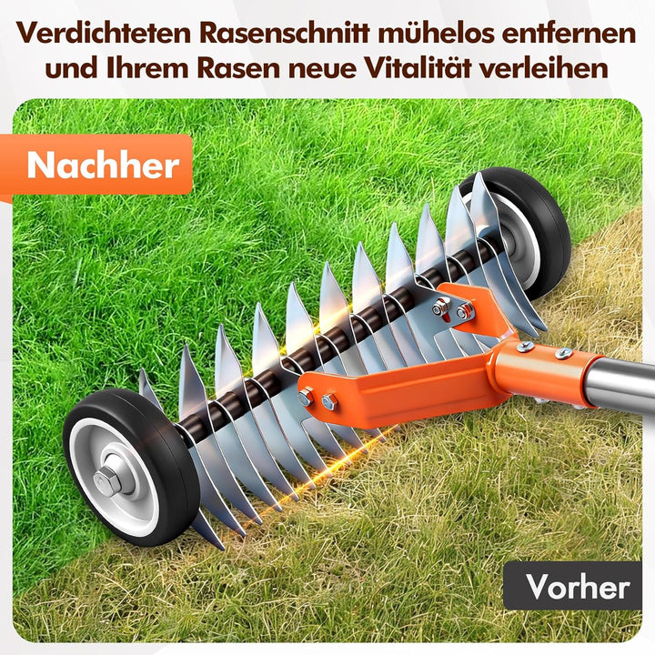 Vertikutierer Rechen mit Rädern,166cm Handvertikutierer,Manueller Vertikutierer mit Verstellbarer St