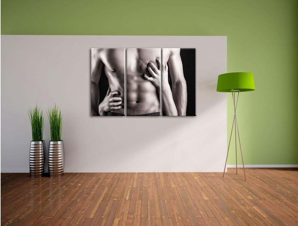 Pixxprint muskulöser Waschbrettbauch B&amp;W Detail 3-Teiler Leinwandbild 120x80 Bild auf Leinwand