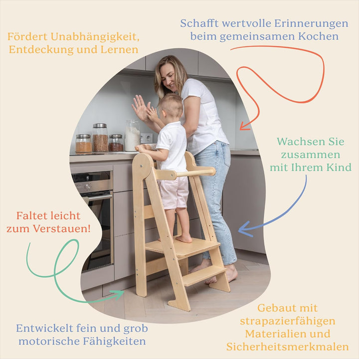 TOYBOX Montessori Kleinkind-Turm &amp; faltbarer Holz Tritthocker - Faltbare Küchenhilfe für Kleinkinder