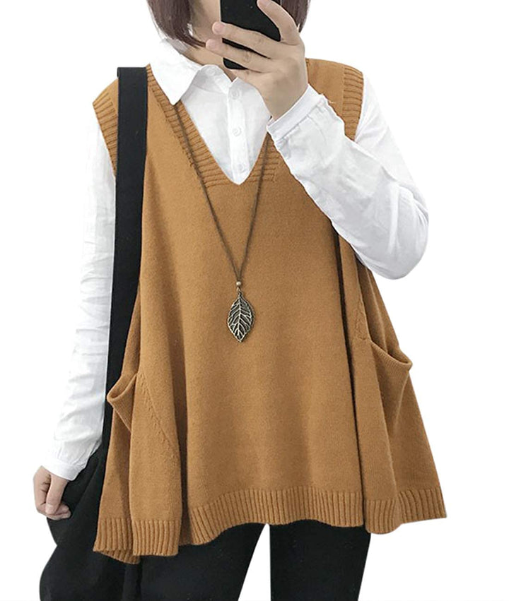 Janein Damen Pullunder ärmellos V Ausschnitt Stricken Weste Oversize Strickweste Beheizbare Tank Top