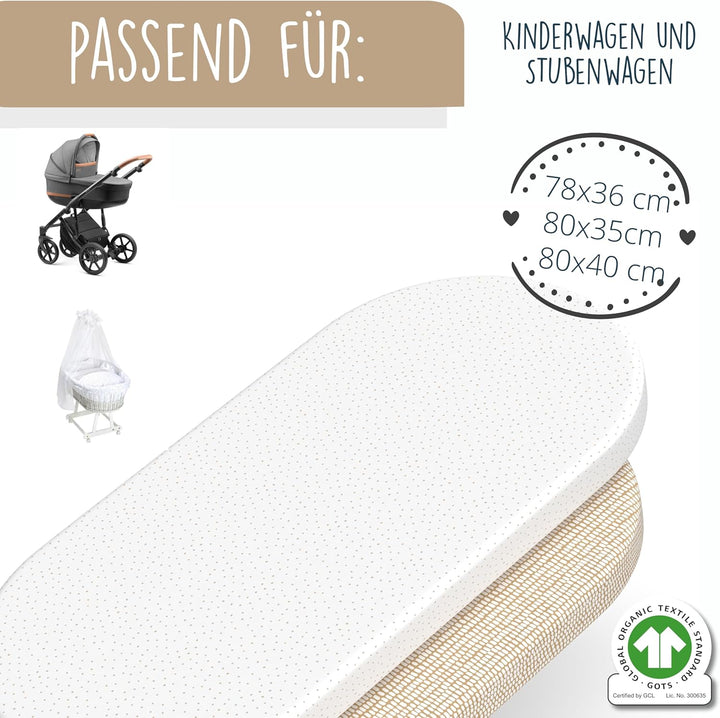 mimaDu® GOTS Bio Spannbettlaken Kinderwagen Matratzenbezug 78x36, 80x35, 80x40 cm Kinderwagen Spannb