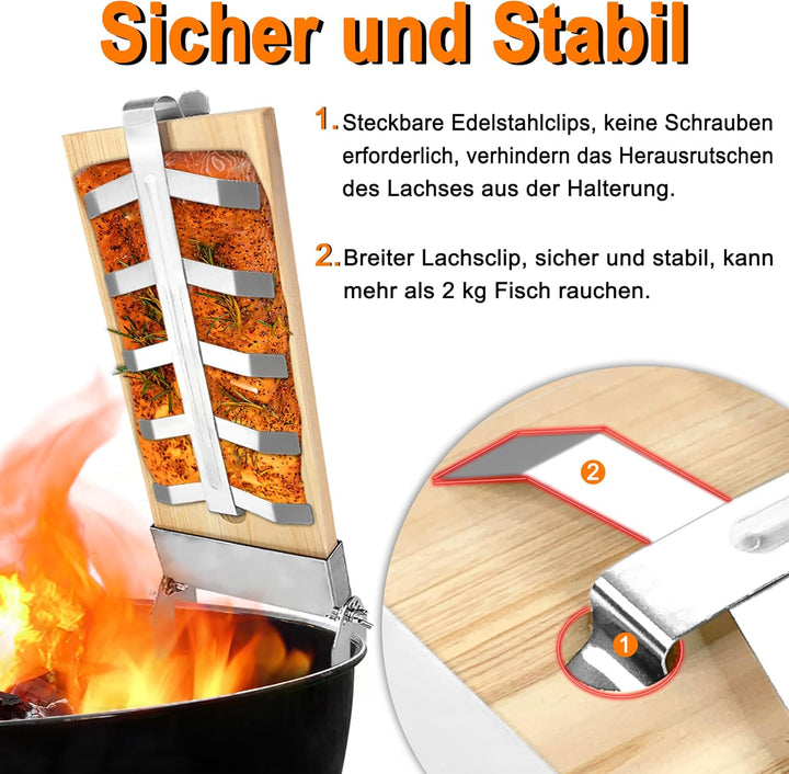 4-Set Flammlachsbrett Flammlachsbretter mit Edelstahl-Halterung Lachsbretter 5 Stufen Einstellbar Fl