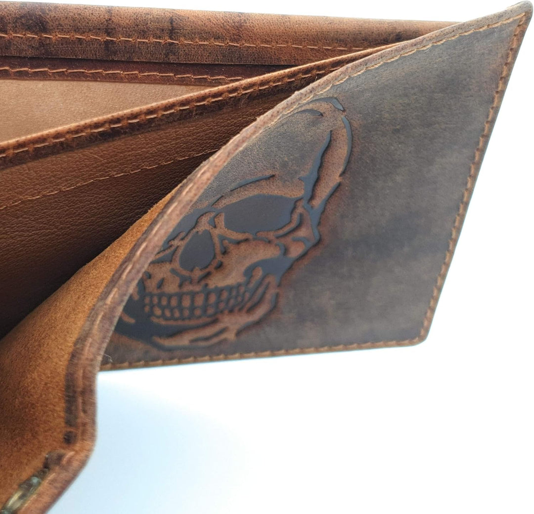 Jockey Club echt Leder Biker Geldbörse quer Hunterleder Portemonnaie Totenkopf Schädel Skull mit RFI