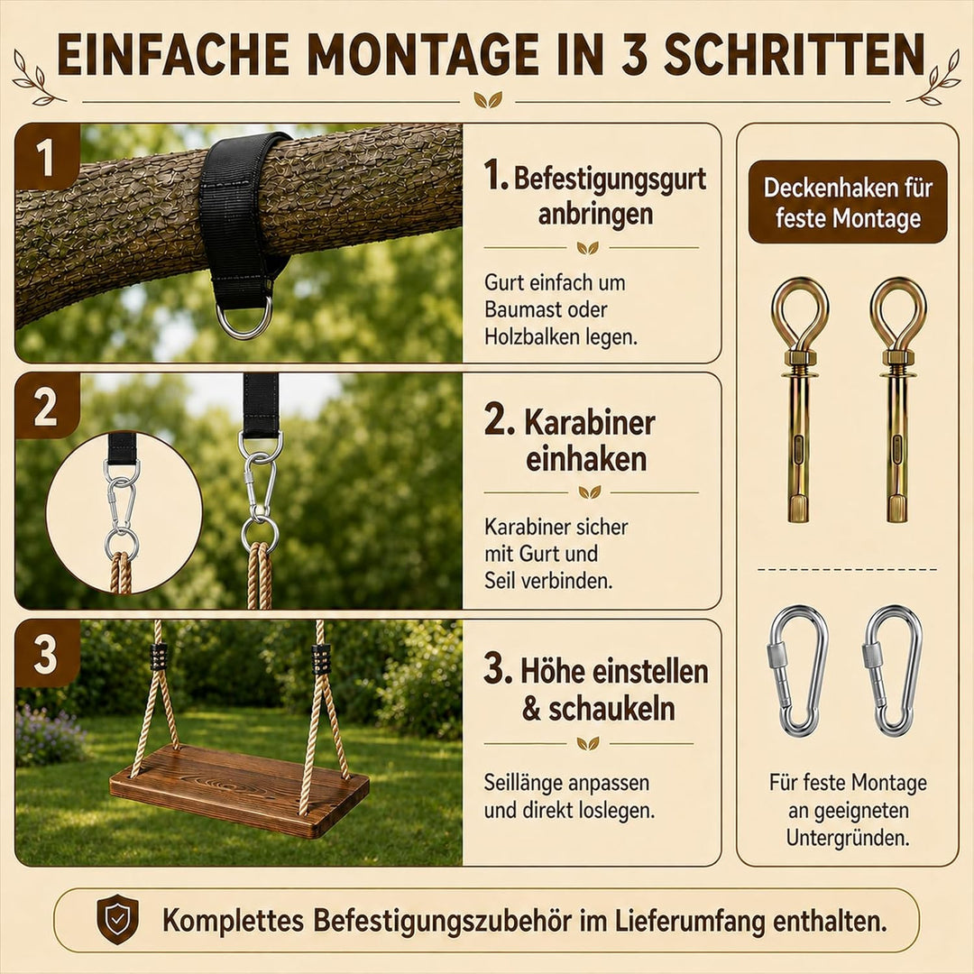 Holzschaukel für Garten &amp; Innenbereich – Schaukelsitz aus Massivholz (43x20x2,5cm) bis 200kg, Kinder