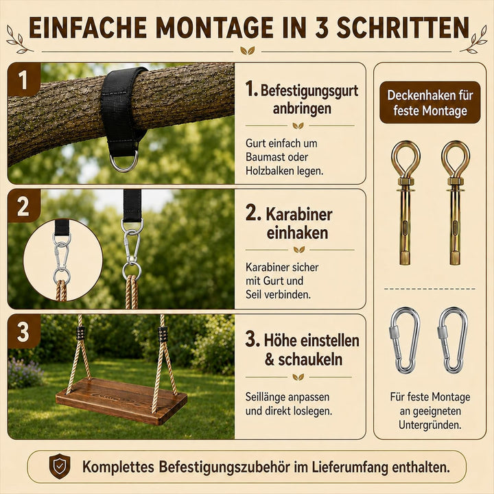 Holzschaukel für Garten &amp; Innenbereich – Schaukelsitz aus Massivholz (43x20x2,5cm) bis 200kg, Kinder