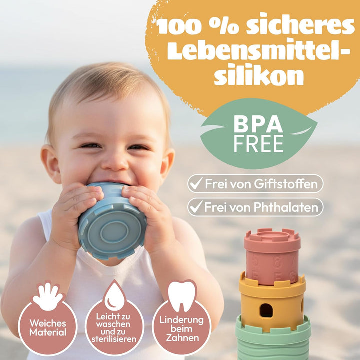 Stapelbecher Baby Silikon Montessori Spielzeug 3 in 1 – Stapelturm, Beissring &amp; Badespielzeug | Sens