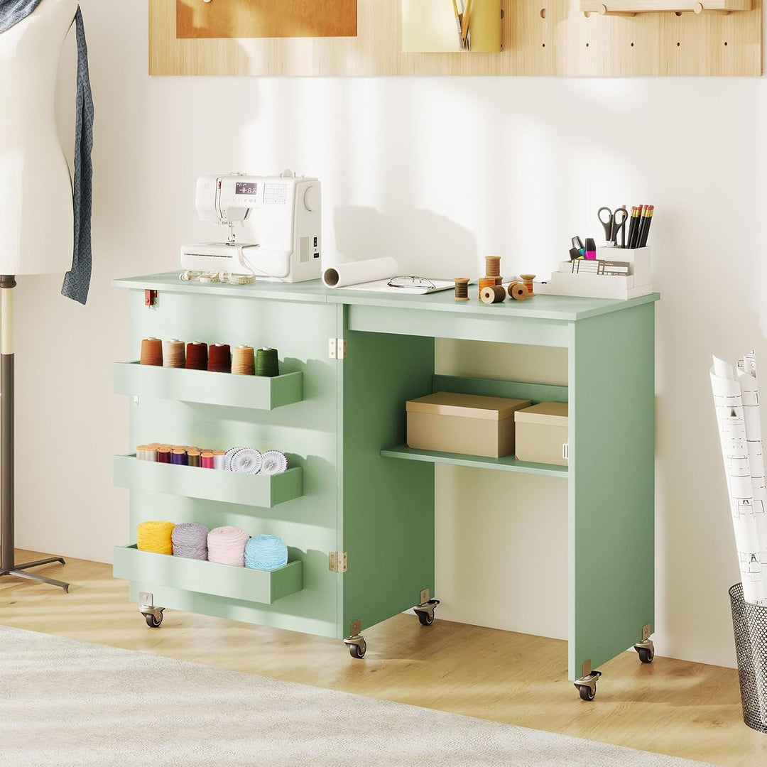 COSTWAY 2 in 1 Nähtisch klappbar, Nähmaschinenschrank Holz mit Regalen &amp; Ablagefach, Nähschrank mit