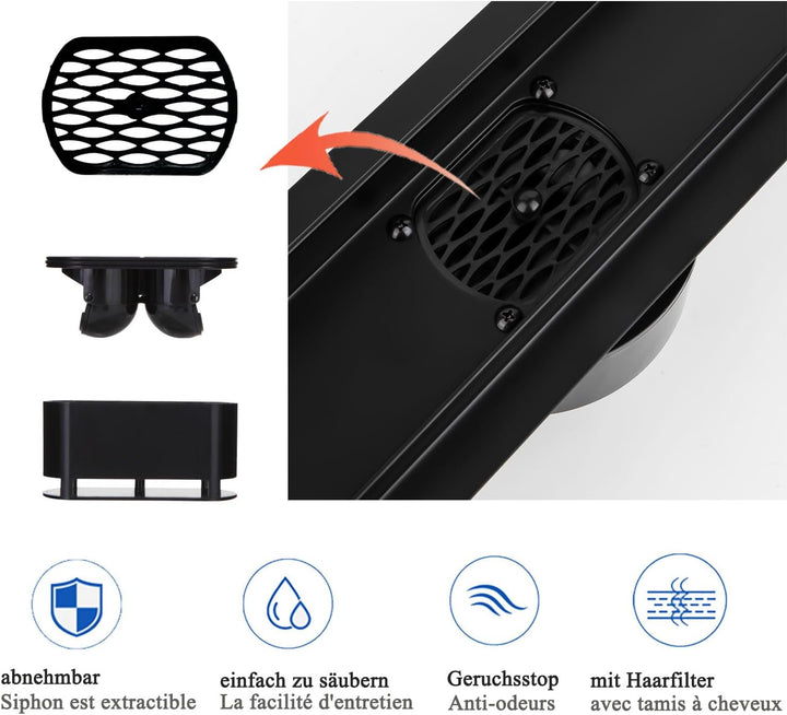Duschrinne 40 cm Komplettset Schwarz, Edelstahl Ablaufrinne, Extra flache befliesbare Duschrinne mit