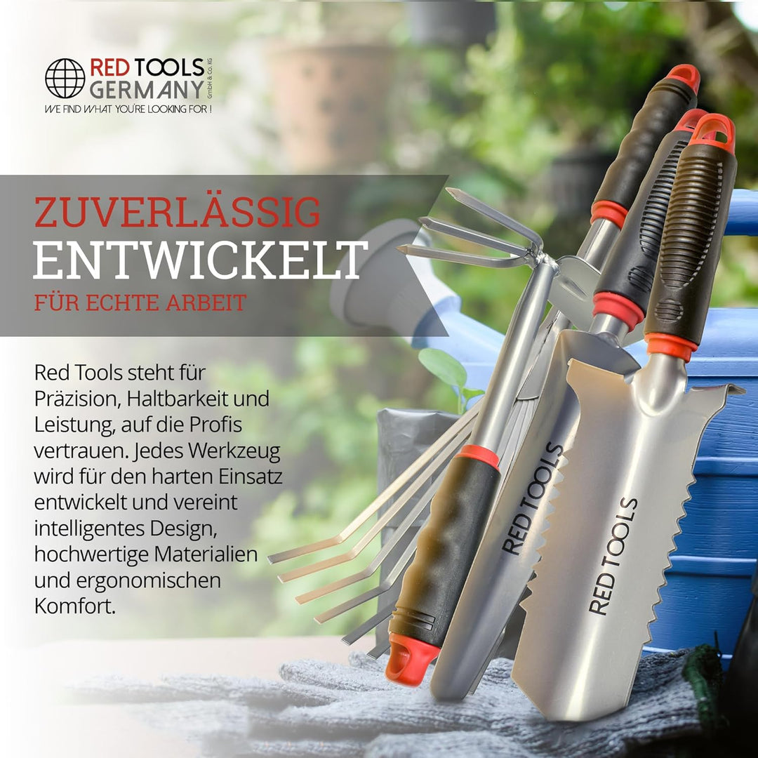 Red Tools Profi Garten -Set 4 TLG. - Multifunktions- Gartenschaufel mit Wurzelsäge, Kombihacke, Pfla