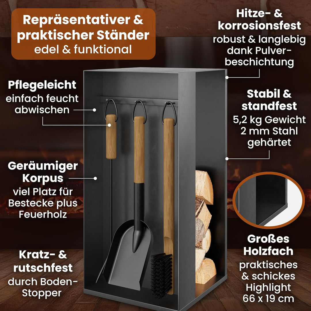 BLACK OAK Kaminbesteck ASPEN 4-teilig mit Lederhandschuh - praktisches & repräsentatives Ofenbesteck