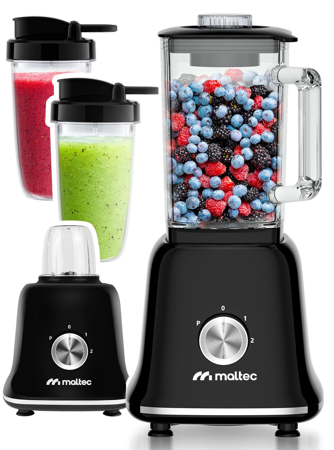 MalTec Standmixer Glas Smoothie Maker für Cocktails BL1800W Blender, Mühle,2 Bidons 1,6l Schwarz