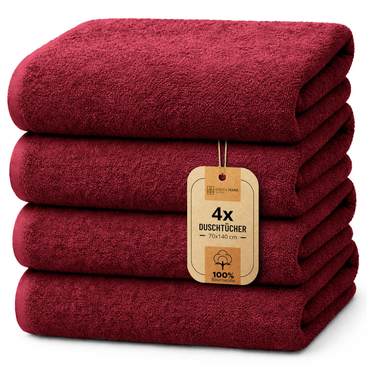 NatureMark 4er Pack Duschtücher, Grösse 70x140cm, Bordeaux, 100% Baumwolle, Bordeaux