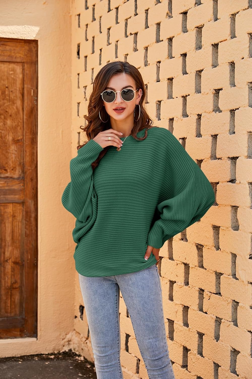 Fessceruna Damen Pullover Oversize Fledermausärmel Strickpullover Winter Rundhals Pulli Geripptes Sw