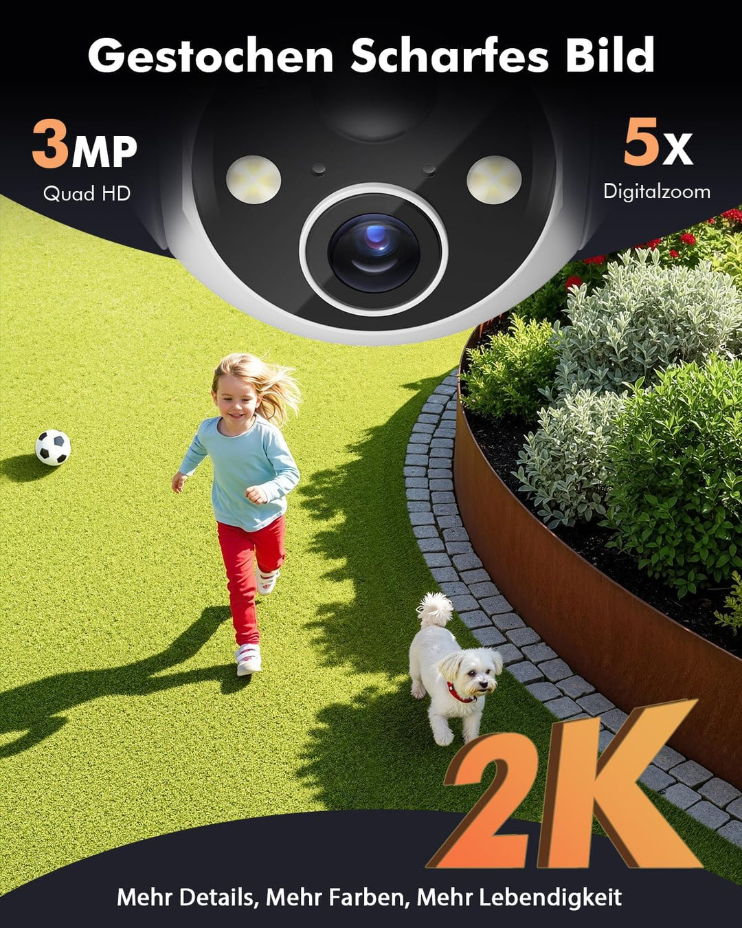 YESKANO 2K Überwachungskamera, WLAN, für den Aussenbereich, kabellos, Solarpanel, 360 °, PTZ, Kamera