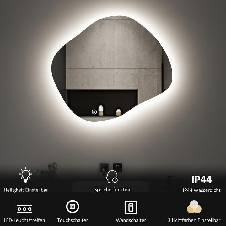 Boromal LED Badspiegel mit Beleuchtung Asymmetrischer Spiegel mit Beleuchtung 74x64cm Asymmetrischer