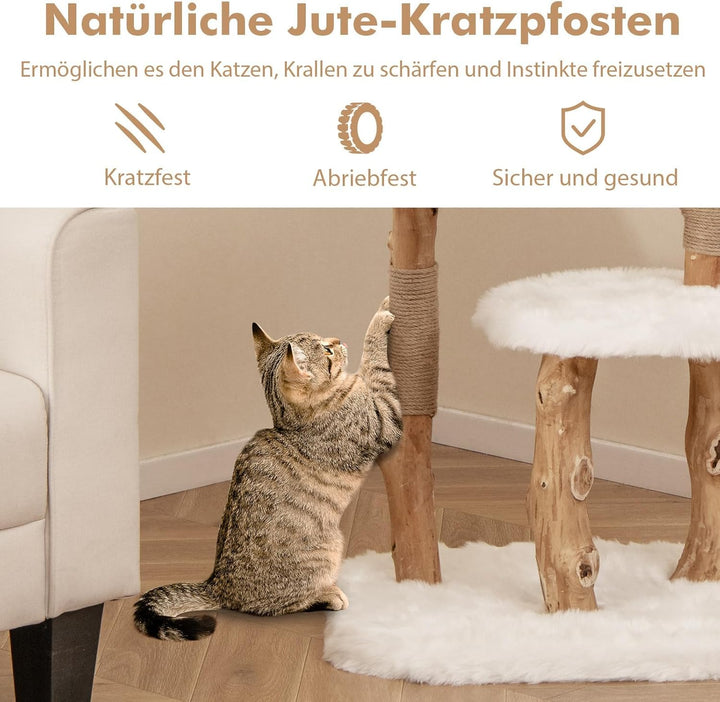 FANTASK Katzenturm Holz, Katzenmöbel mit Spielball & Plüschsitzfläche & 2 Plattformen, Katzenbaum mi