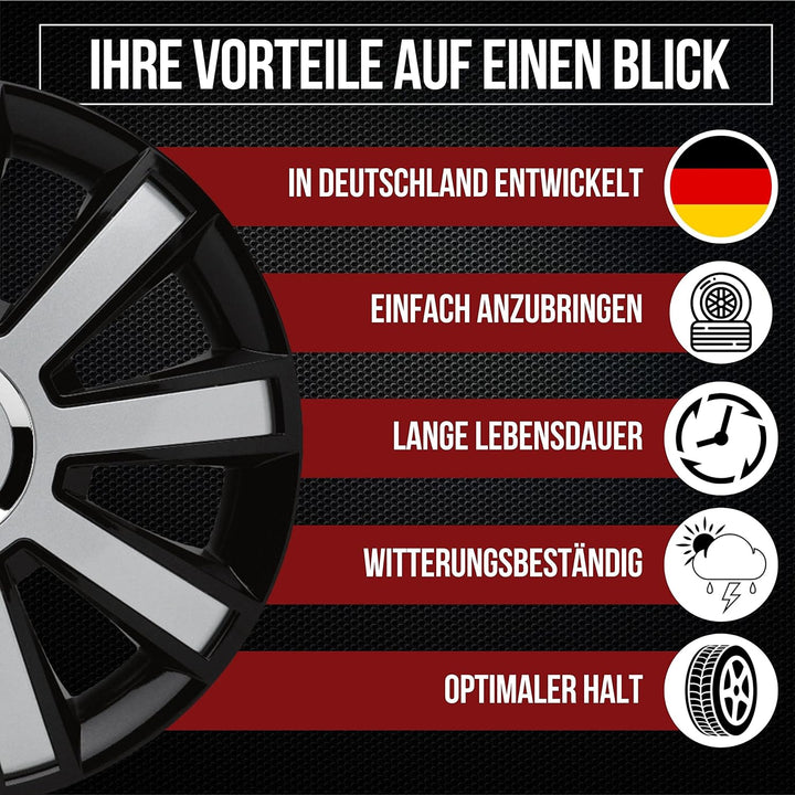 Albrecht 16 Zoll Radkappen schwarz/silber für Stahlfelgen - Flash Radzierblenden aus hochwertigem Ku