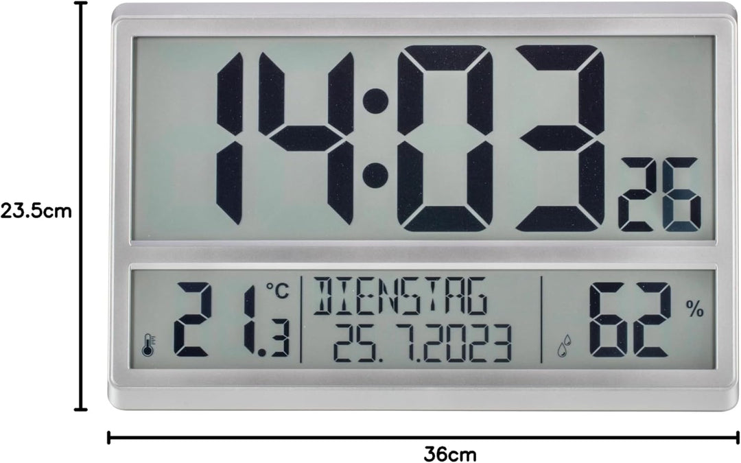 TFA Dostmann XL Wanduhr digital, 60.4520.54, mit Temperatur und Luftfeuchtigkeit, Wochentag (8 Sprac