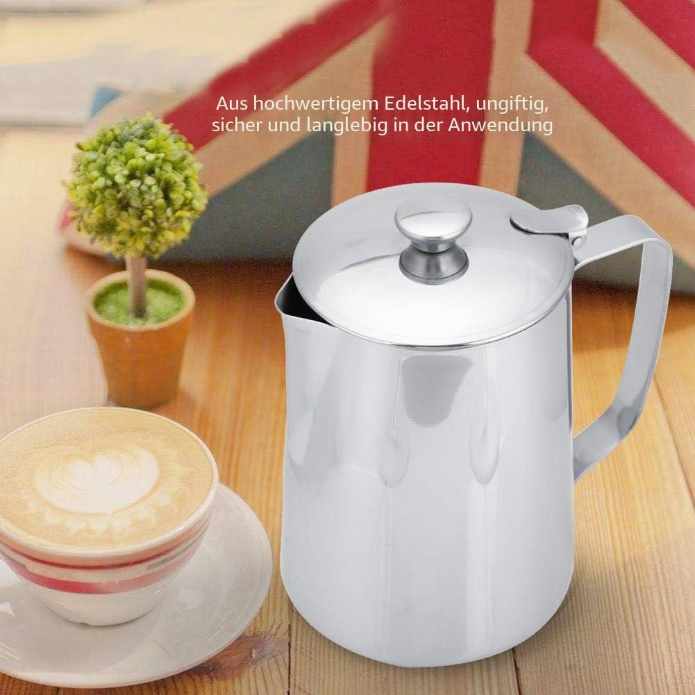 Nikou Milchkännchen Edelstahl, Milchkanne mit Deckel Schaumbecher, Coffee Barista Kaffeetasse Becher