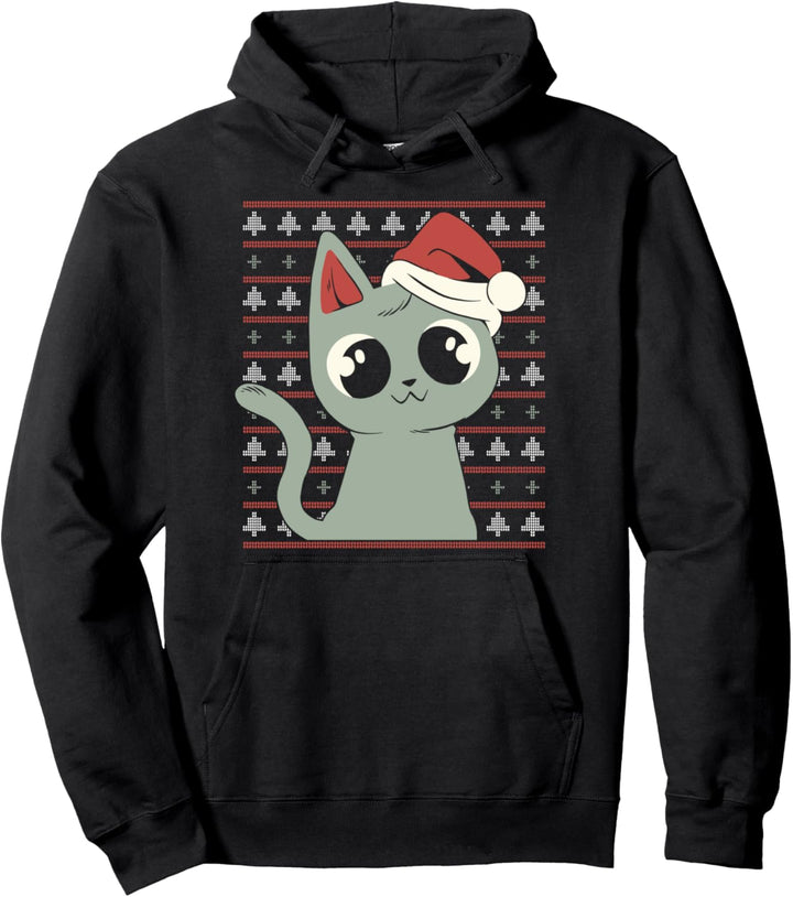 Süsse Katze mit Weihnachtsmütze Weihnachten Strick Motiv Pullover Hoodie
