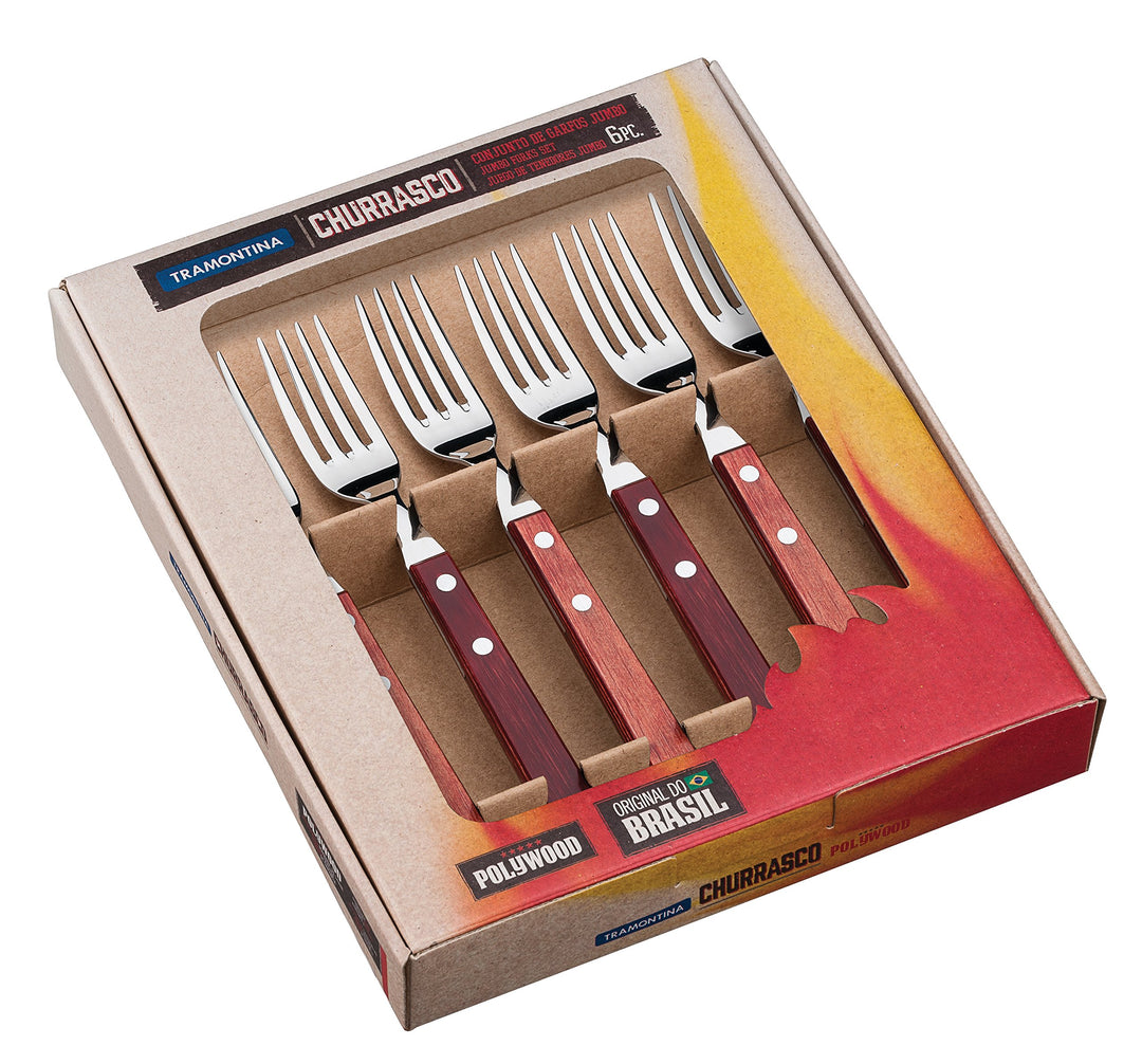 Tramontina Steakgabel Set Jumbo, 6-teilig, rostfreier Edelstahl, Holzgriff FSC-zertifiziert, spülmas