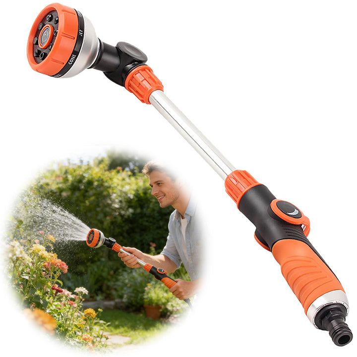 Idota Giessstab Lang 47CM Gartenbrause mit 180° Schwenkkopf 8 Sprühmustern für Garten, Beete (Orange