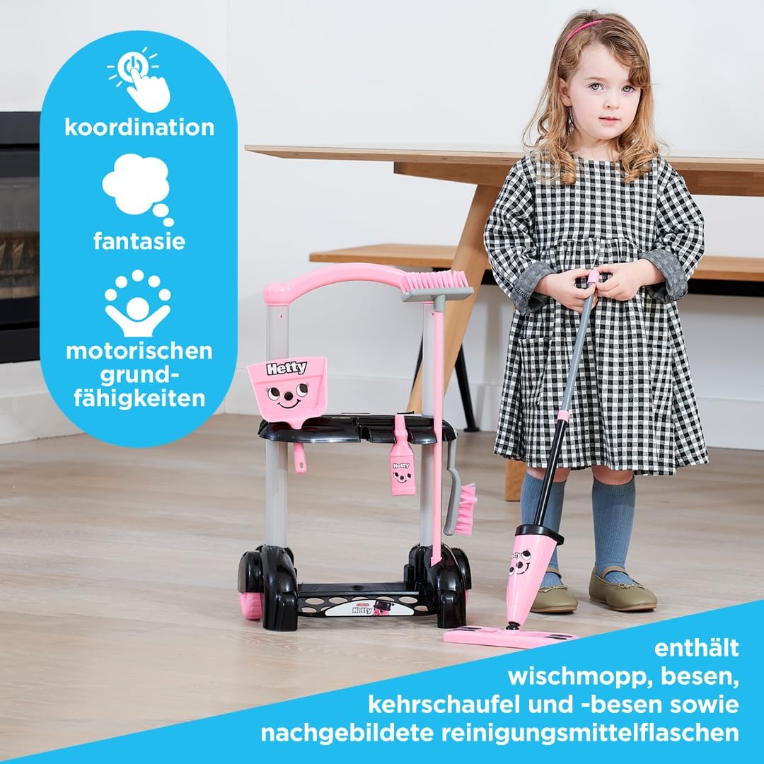 Casdon Henry & Hetty Spielzeug – Henry Putzwagen – Rosa Spielset im Hetty Design mit Mopp, Besen, Ke