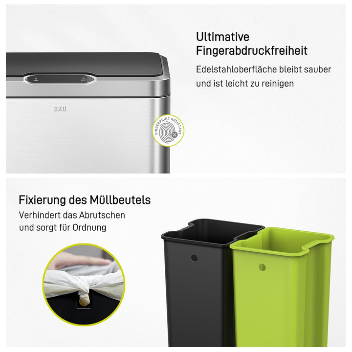 EKO Mirage Mülleimer mit Sensor, Mülleimer 2 Fächer 2 x 20L, Automatischer Küchenmülleimer, 2 Kunsts