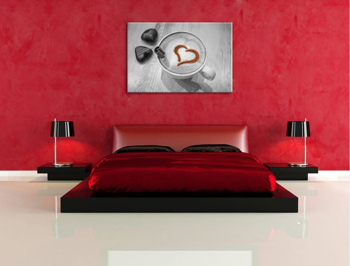 Leckerer Kaffee mit Herz schwarz/weiss Format: 100x70 auf Leinwand, XXL riesige Bilder fertig gerahm