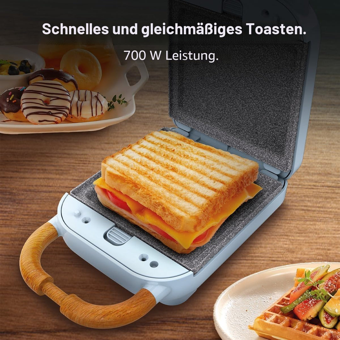 Cecotec Sandwichmaker Vintage Rock'Ntoast Retro One Blau. 700W, 3 austauschbare Platten, Retro-Desig