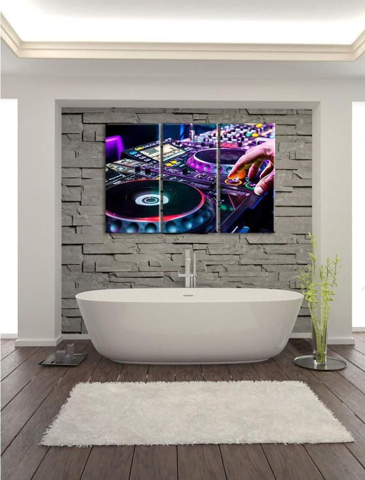 Pixxprint Modern beleuchteter DJ Pult als Leinwandbild | Grösse: 3 Teilig (120x80) | Wandbild| Kunst