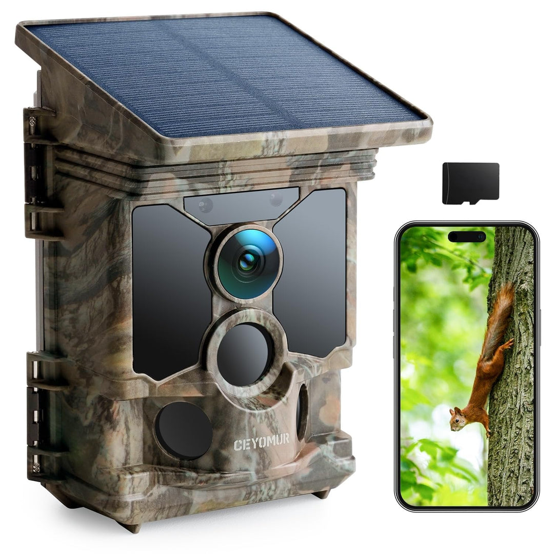 CEYOMUR Solar Wildkamera mit Handyübertragung App, 4K 68MP UHD Wildkamera WLAN mit 5200mAh Akku, Wil