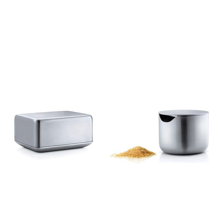 Blomus 63638 Basic Butterdose, edelstahl matt, medium &amp; -BASIC- Zuckerdose aus mattiertem Edelstahl,
