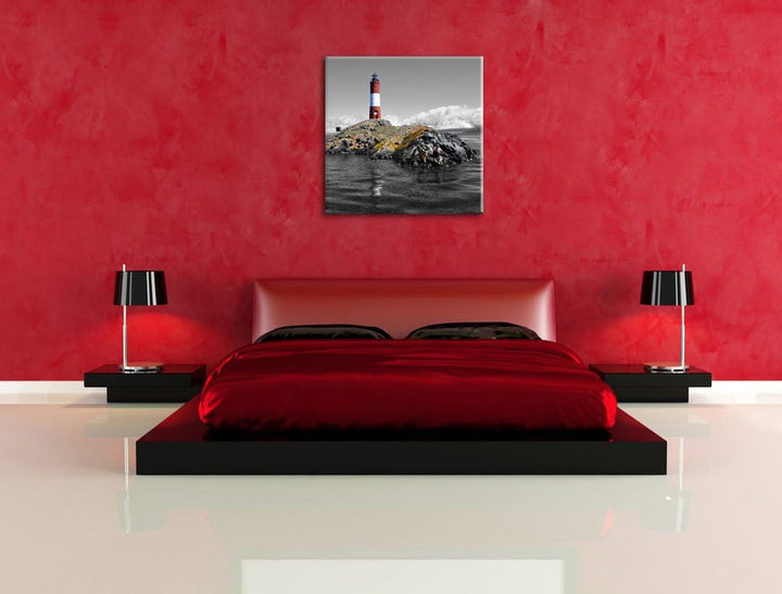 Pixxprint Leuchtturm mit Robben auf Kleiner Insel im Meer Schwarz/Weiss, Format: 70x70 auf Leinwand,