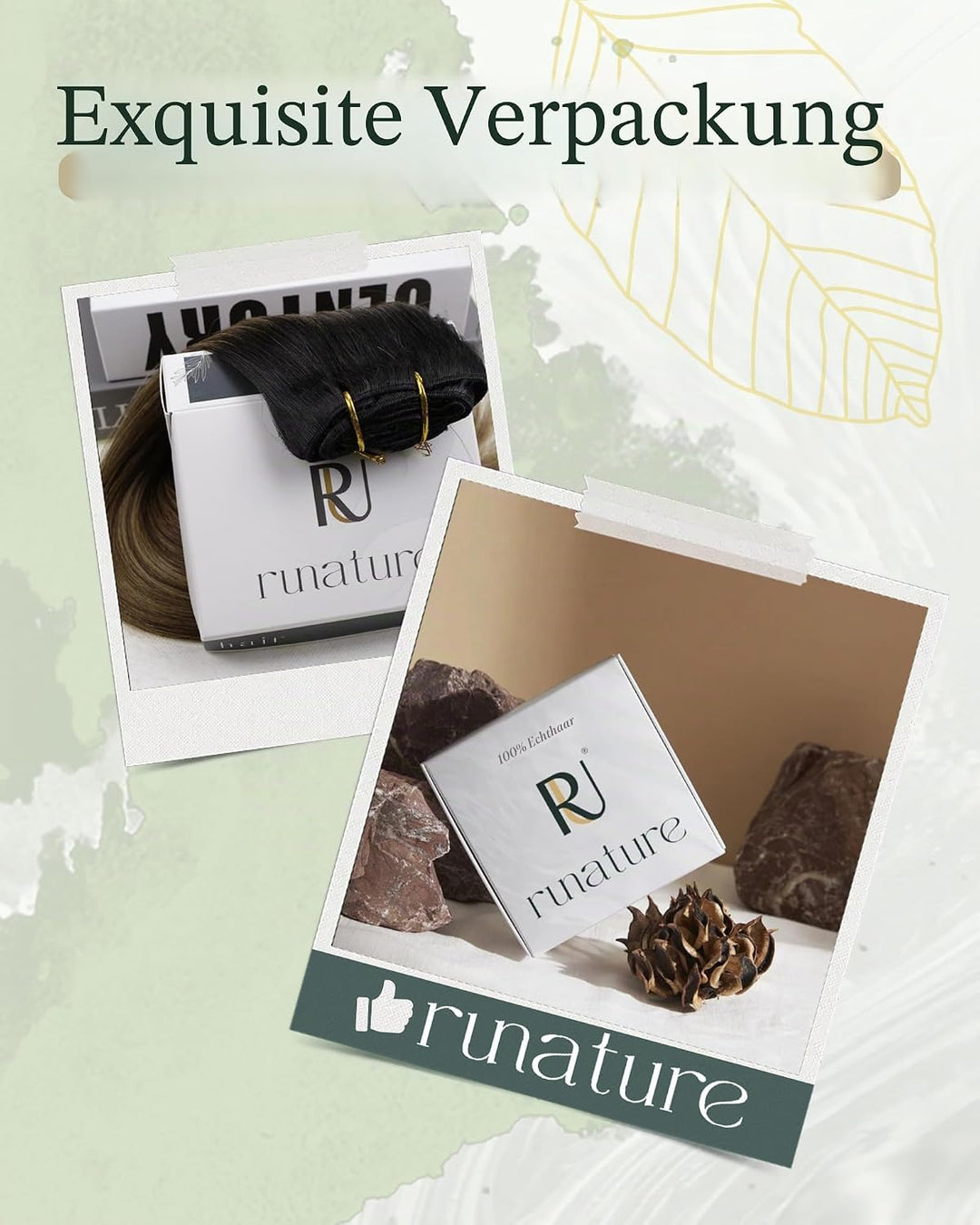 RUNATURE Clip in Extensions Echthaar Braun Highlight Blond Echthaar Extensions Clip in 30cm Kurz Ech
