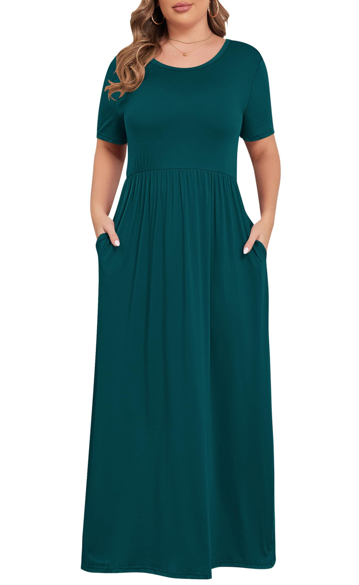 KARALIN Damen Plus Size Kurzarm Lose Einfarbig Casual Lange Maxi Kleider mit Taschen 001 Dunkelgrün