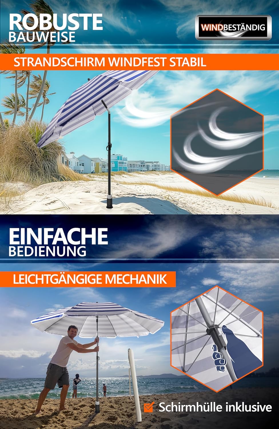 4smile Sonnenschirm Strand SunnyJoy Ø 160 cm, 3er Set - Strandschirm mit UV Schutz 50+, inkl. Sonnen