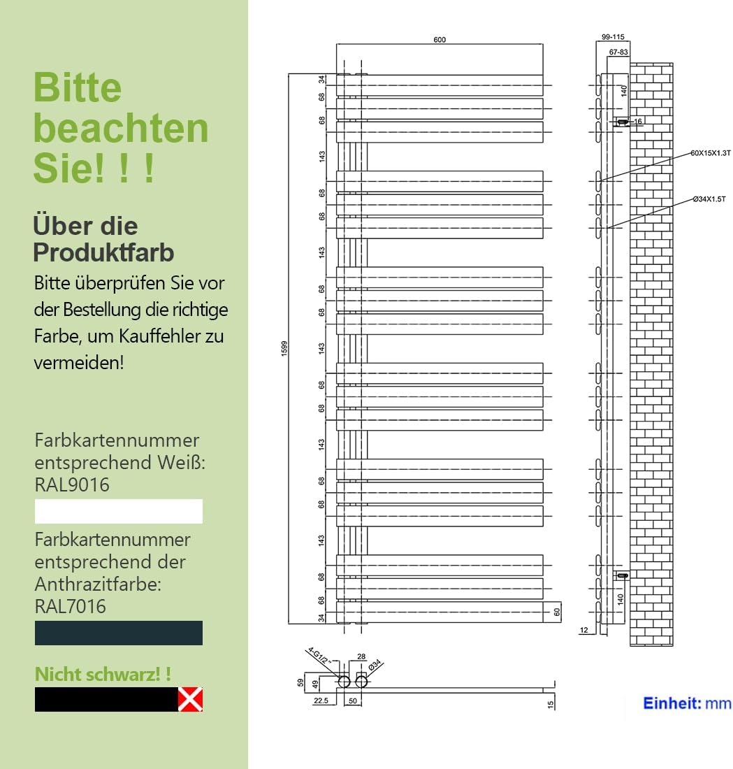 S'AFIELINA Badheizkörper Paneel Heizkörper Bad 1599x600mm Handtuchheizkörper 1005W, Handtuchtrockner