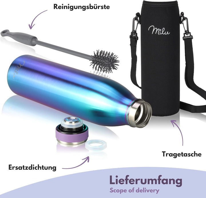 Milu Edelstahl Trinkflasche 350ml, 500ml, 750ml, 1L, 1,5L – Thermosflasche für Kinder Erwachsene aus